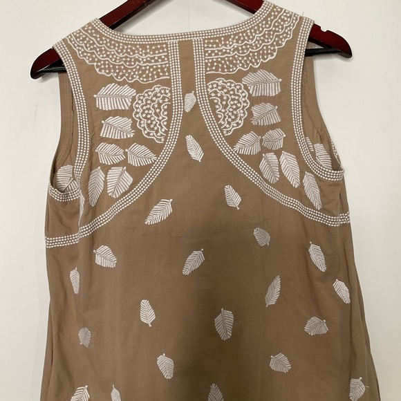 Gretchen Scott Designs Sleeveless Halter Neckline Tan White Leaf Pattern Dress M - Picture 11 of 16